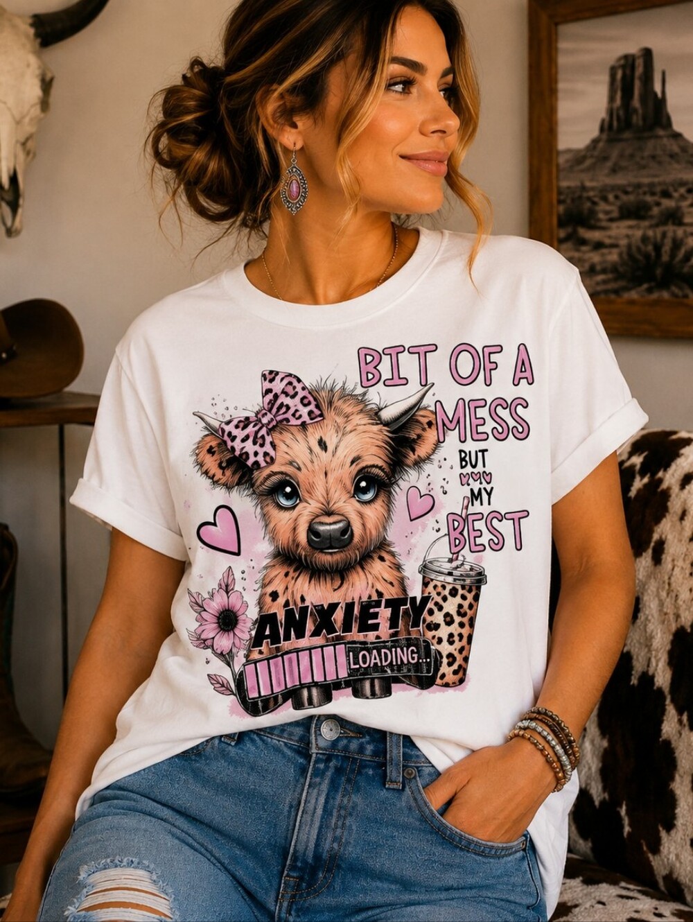 Bit Of A Mess Cow Western Graphic T Shirt Trendy Boutique Style Tee Women White